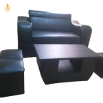 Ensemble Meubles de Salon – Canapé Cuir Noir avec Poufs & Table Basse