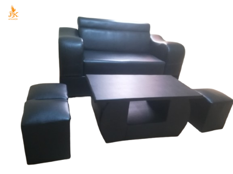 Ensemble Meubles de Salon – Canapé Cuir Noir avec Poufs & Table Basse